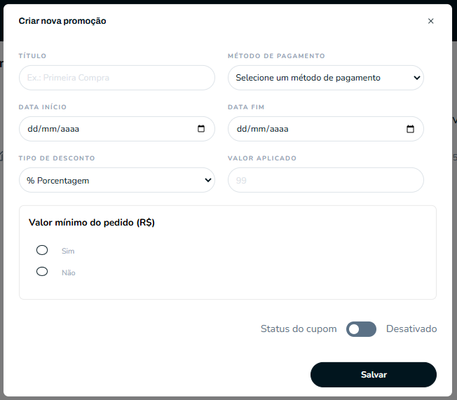 Formulário de criação de promoção